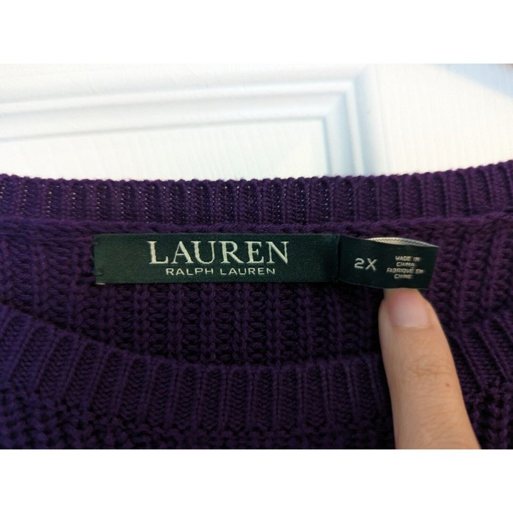 LRL Ralph Lauren Womens 2X Velvet Lace Up Sleeve Pullover Sweater Purple - Picture 7 of 9